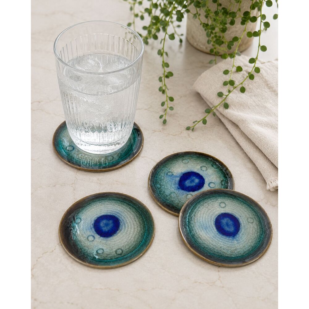Artisan Pottery Coasters Studio Art Blue Green Coastal Beachy Set Of 4
